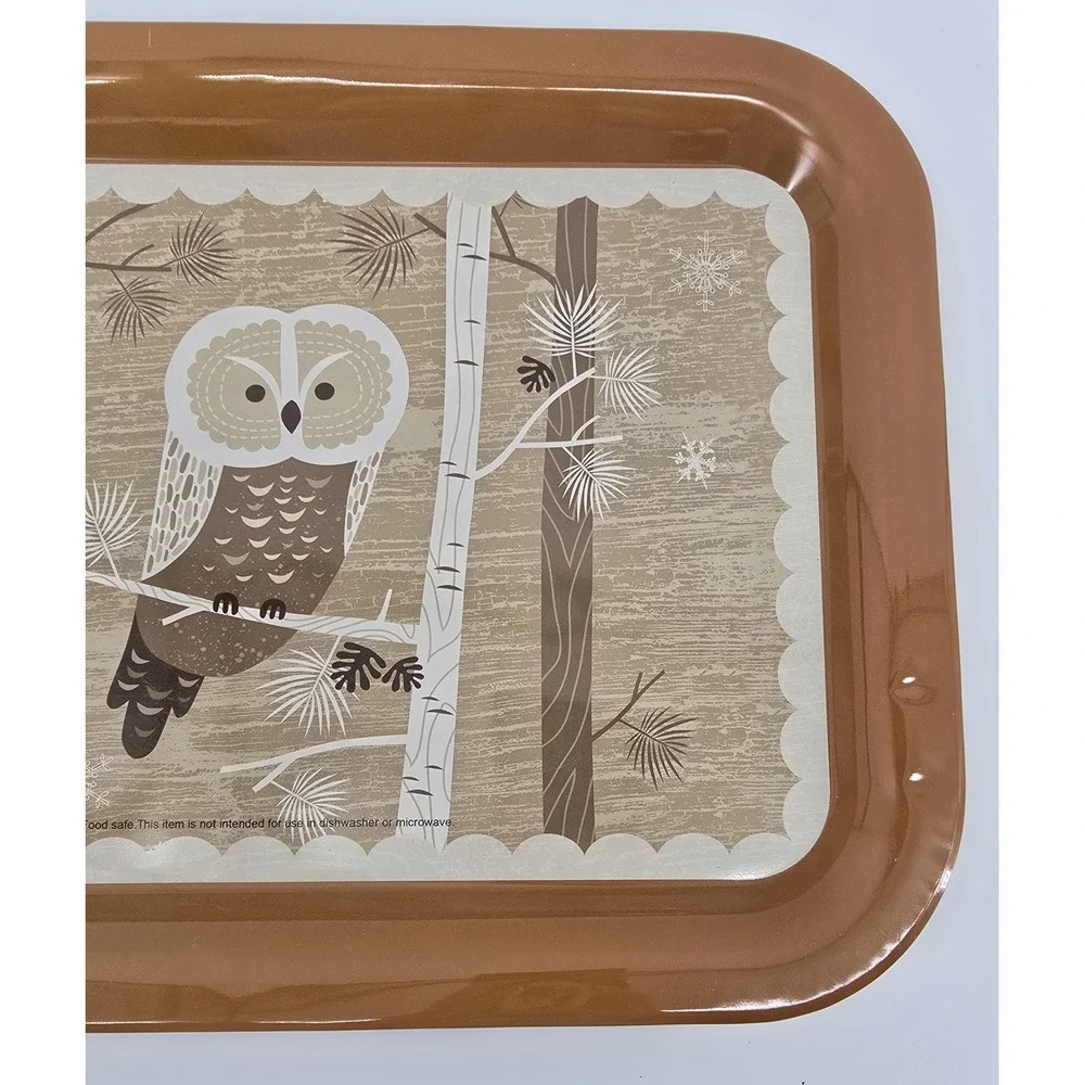 Vintage Snowy Owl Metal Serving Tray‎ Tan White Farmhouse Tin 10X 14